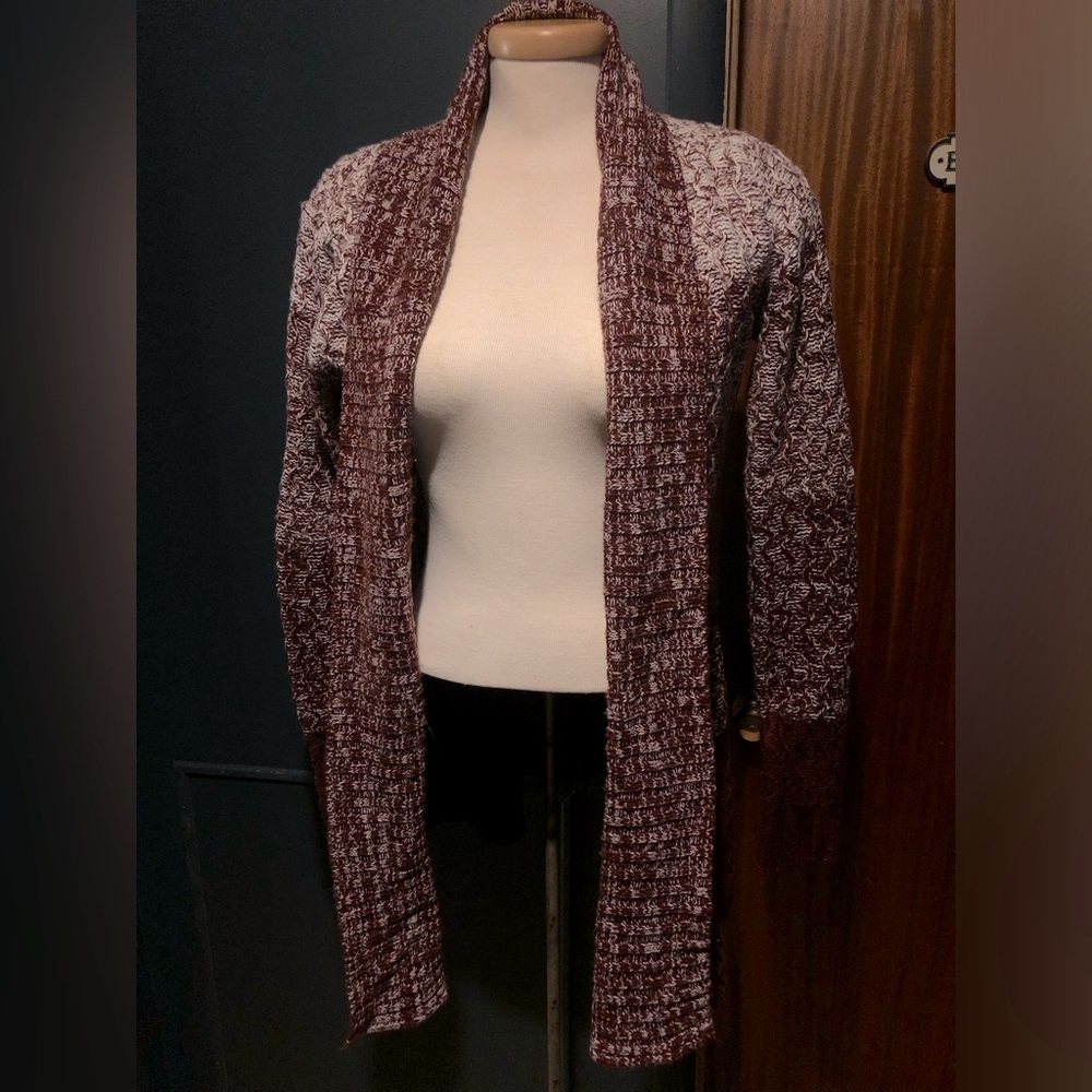 Maroon and White Knit Open Cardigan